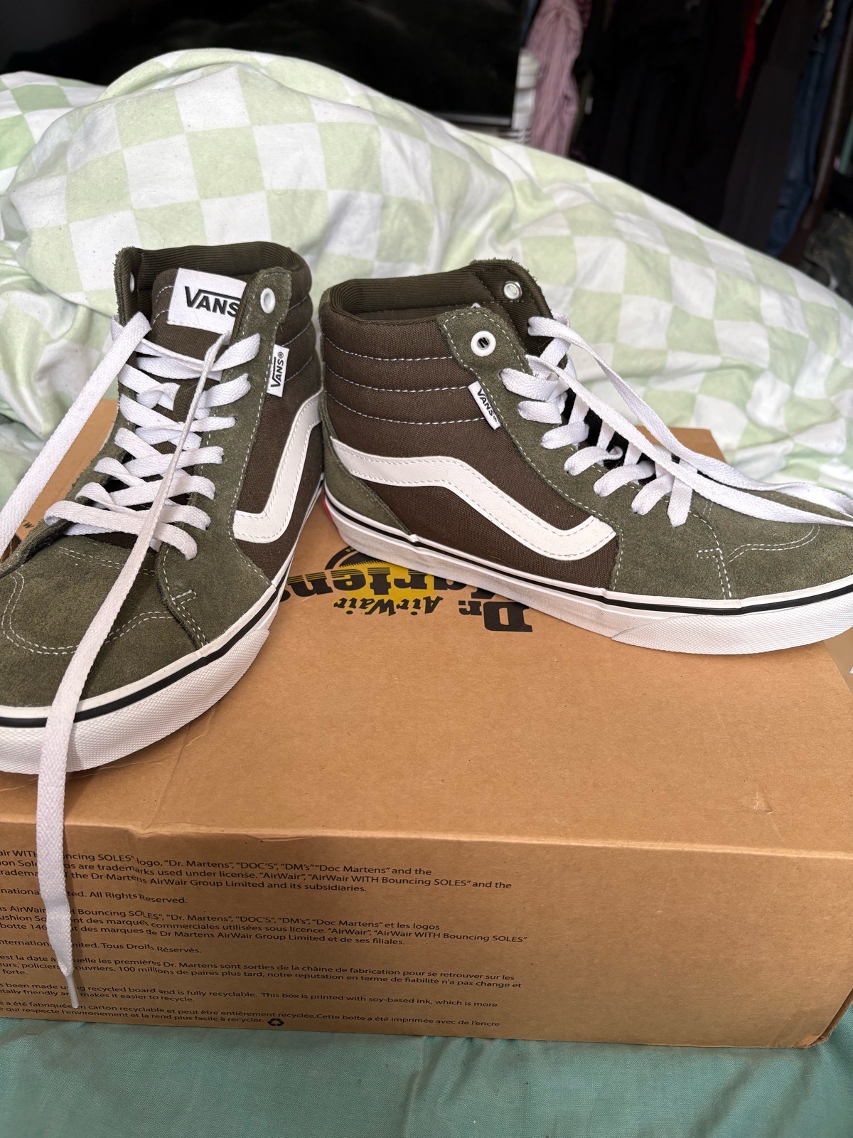 Green/Khaki high top vans size 5.5