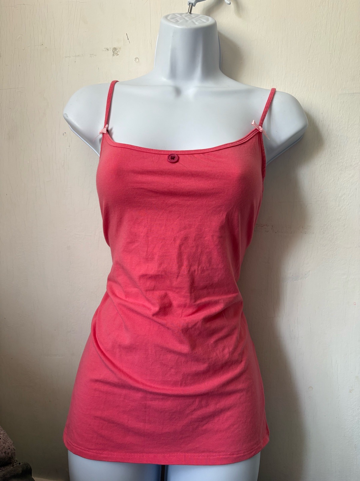 Pink up-cycled/re worked cami vest top with purple button and pink bows