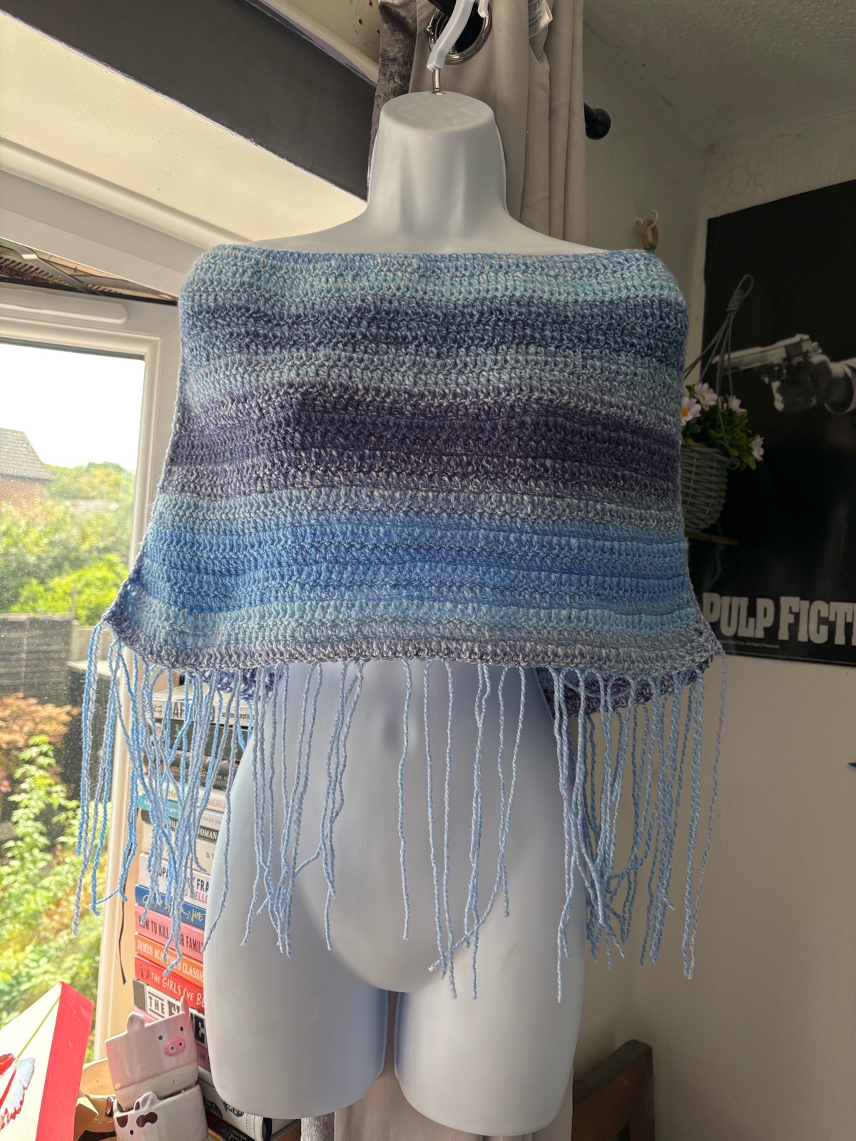 Handmade crochet blue and purple poncho with tassles