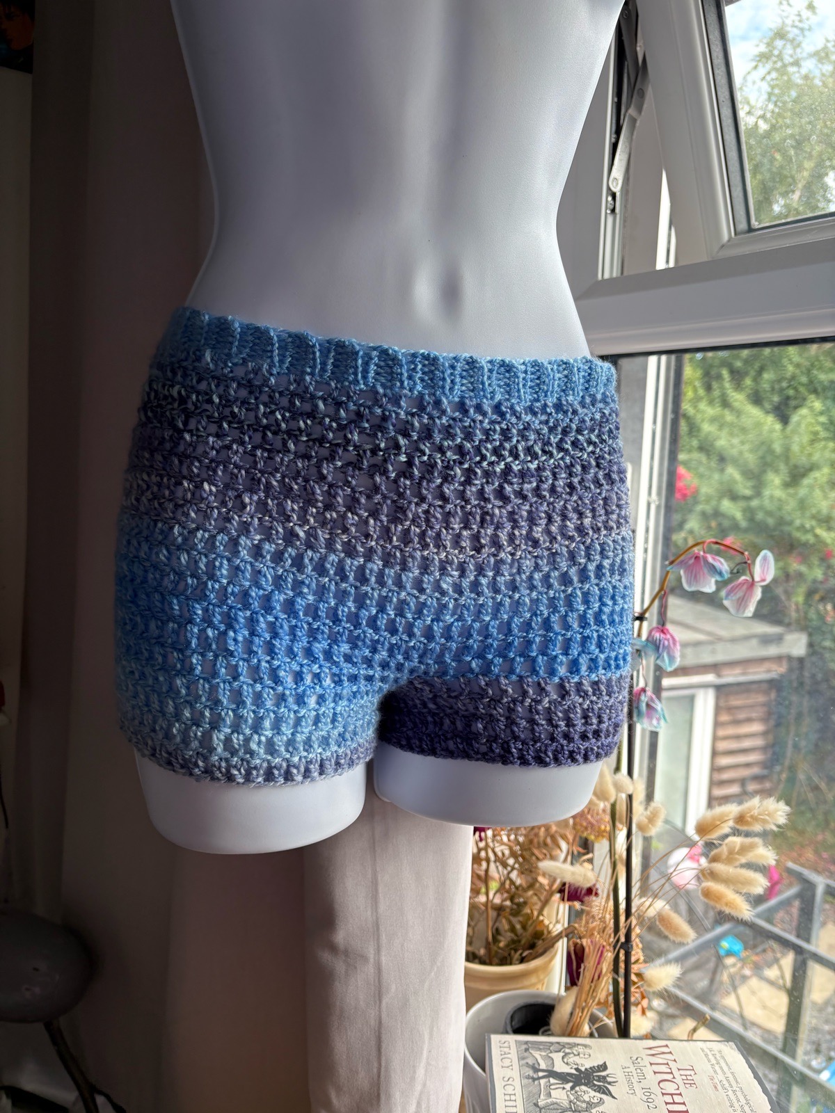 Handmade blue and purple low waisted crochet booty shorts/hot pants