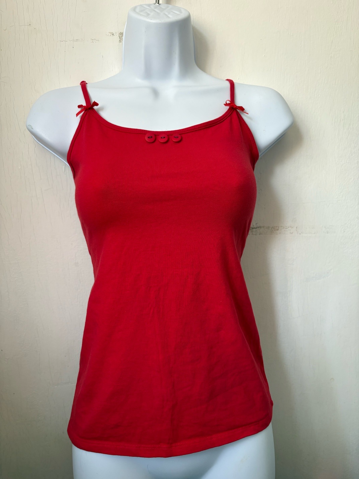 up-cycled/ re worked red cami top with red bows and buttons