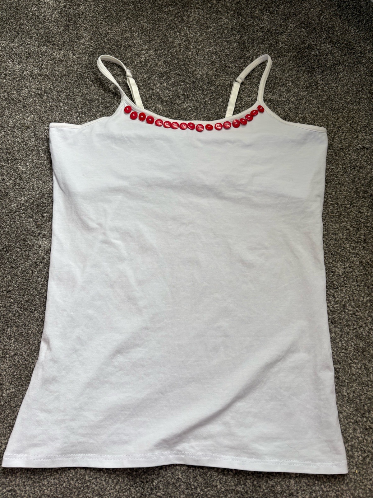 White up-cycled/re worked cami vest top with red buttons along the neckline