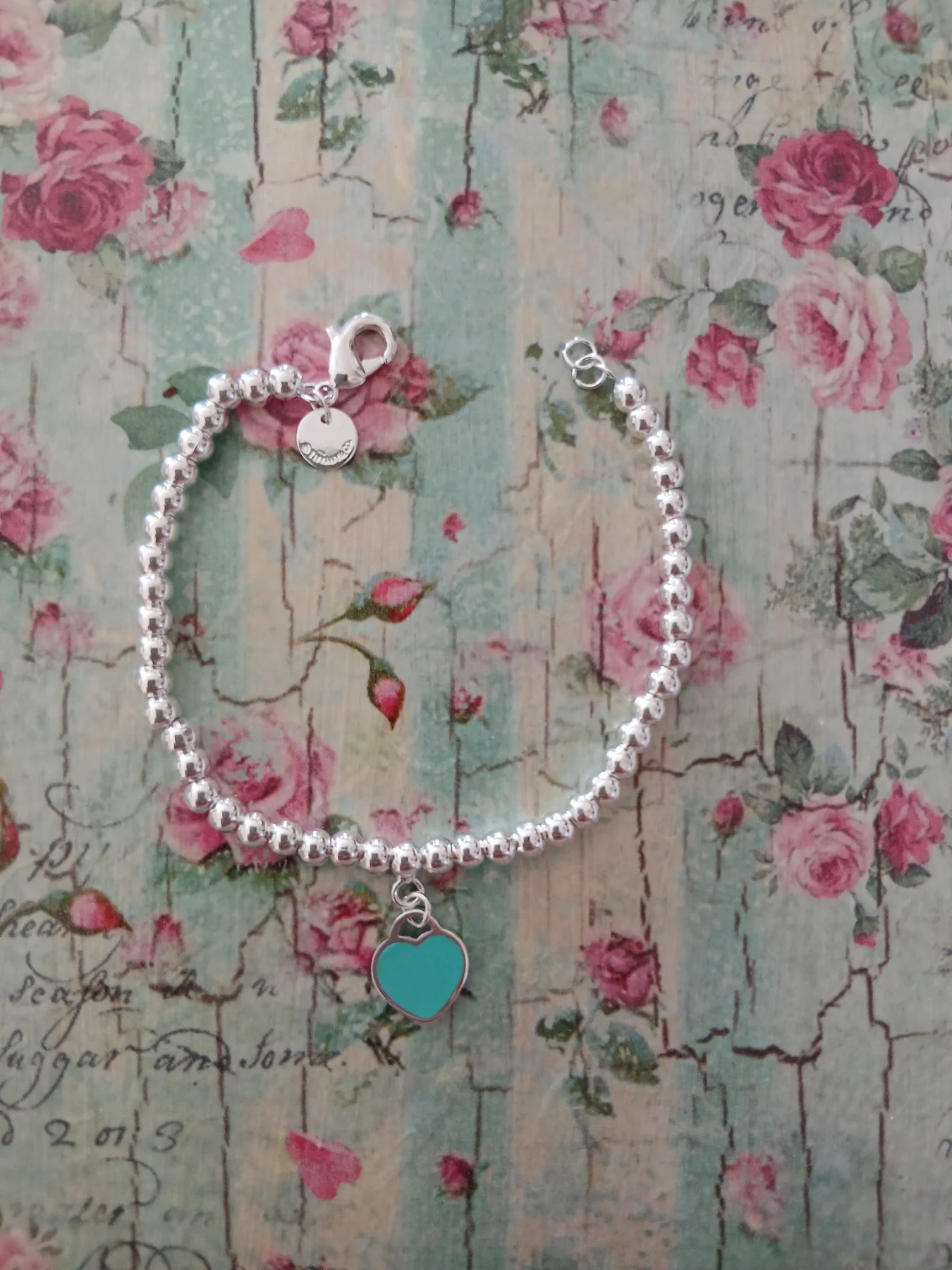 Blue enamel heart silver bead bracelet