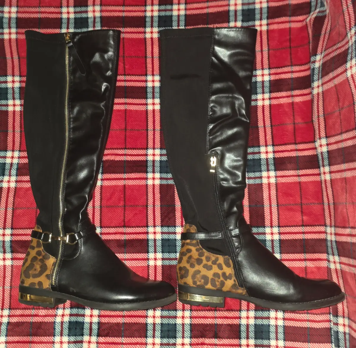 Women’s Black Faux Leather Knee High Riding Boots Animal Print Zip UK 6