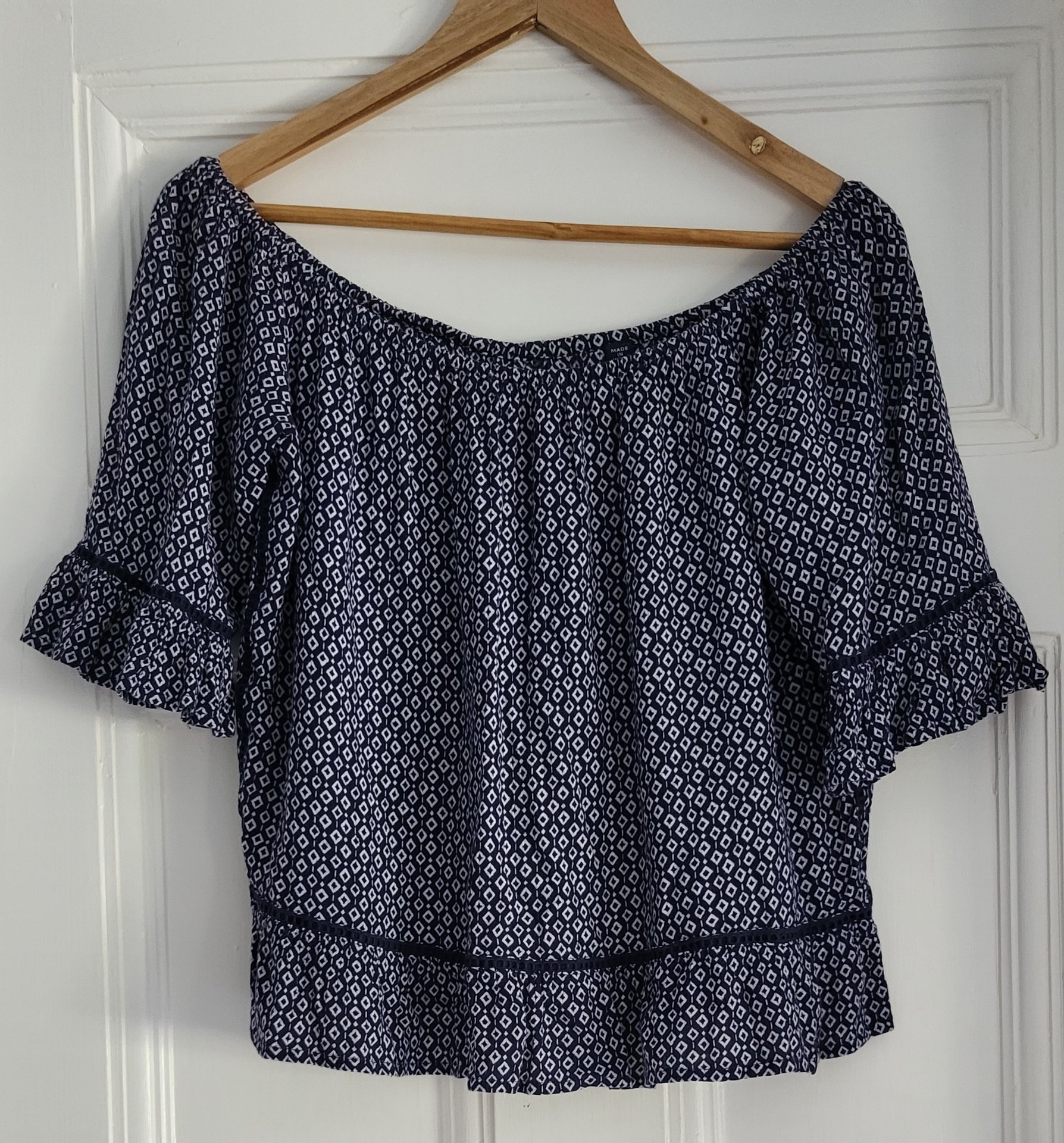 Superdry Festival Navy Blue Geometric Print off-the-shoulder Blouse