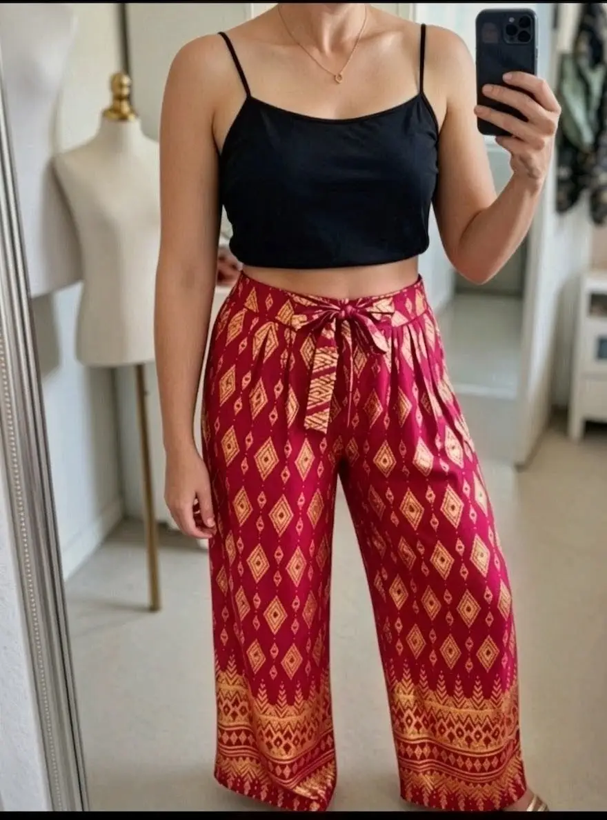 SHEIN Tall XL Wide Leg Palazzo Trousers | Red & Gold Shimmer | UK 14