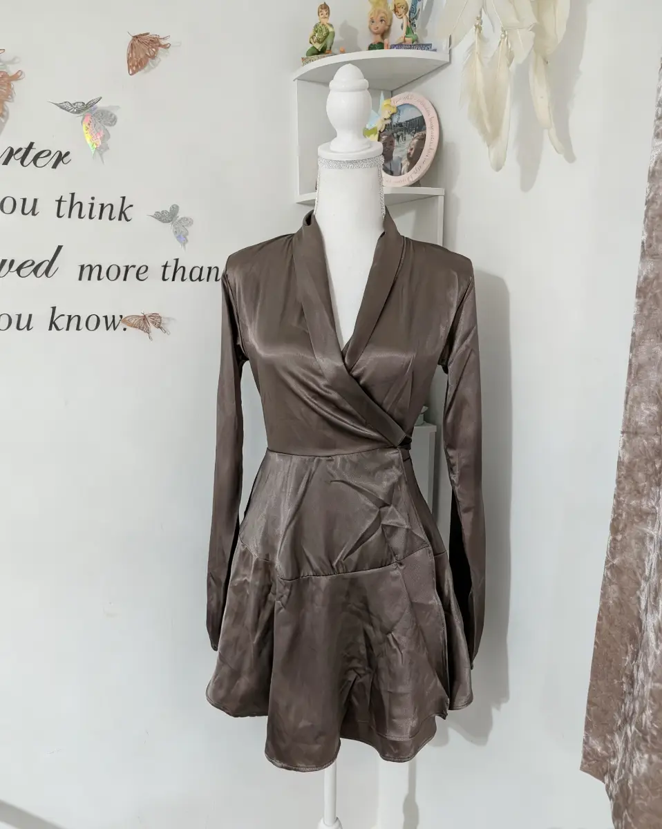 TFNC London Satin Wrap Mini Dress - Taupe/Bronze - UK 8