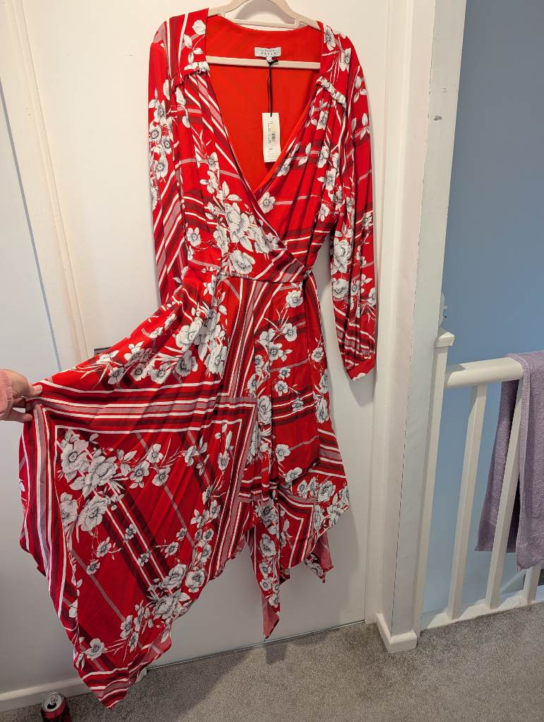 Studio by Peen Red Floral Stripe Wrap Midi Dress | Size UK 18 | Hanky Hem Long Sleeve