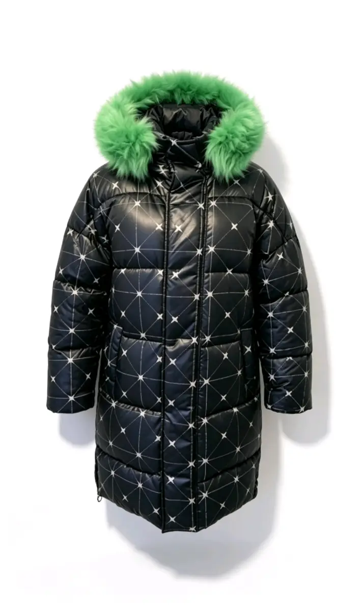 Collusion All-Over Logo Puffer Coat - Green Faux Fur Hood -Medium UK 10- NWOT
