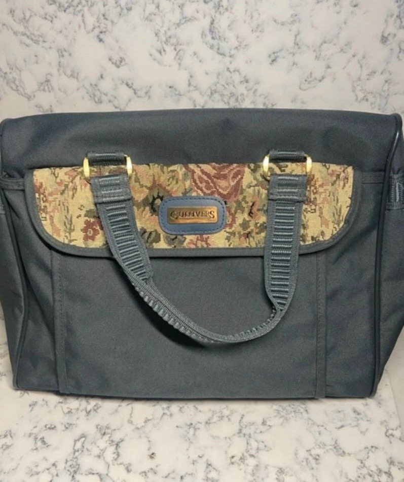 Gullivers Vintage Shoulder Travel Bag in Grey with Floral Tapestry Detail