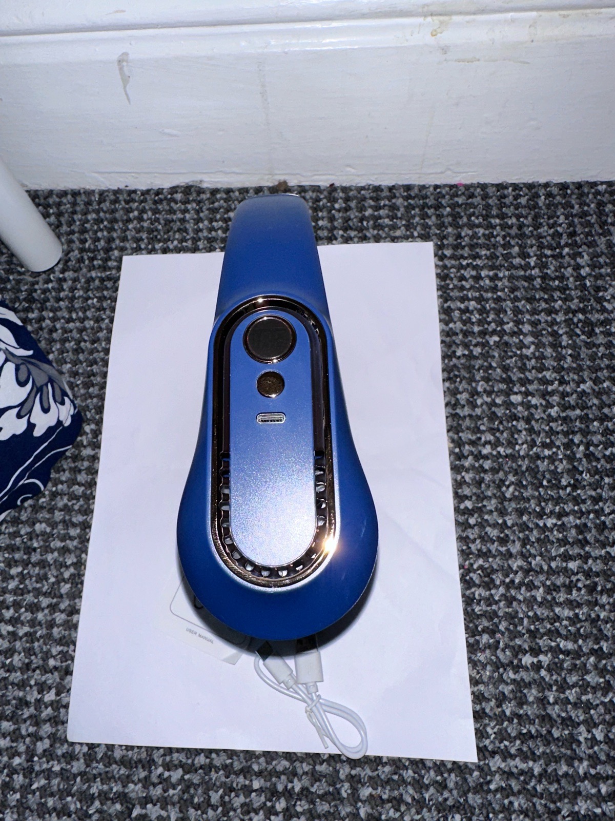 Rechargeable neck fan blue colour with five speed
