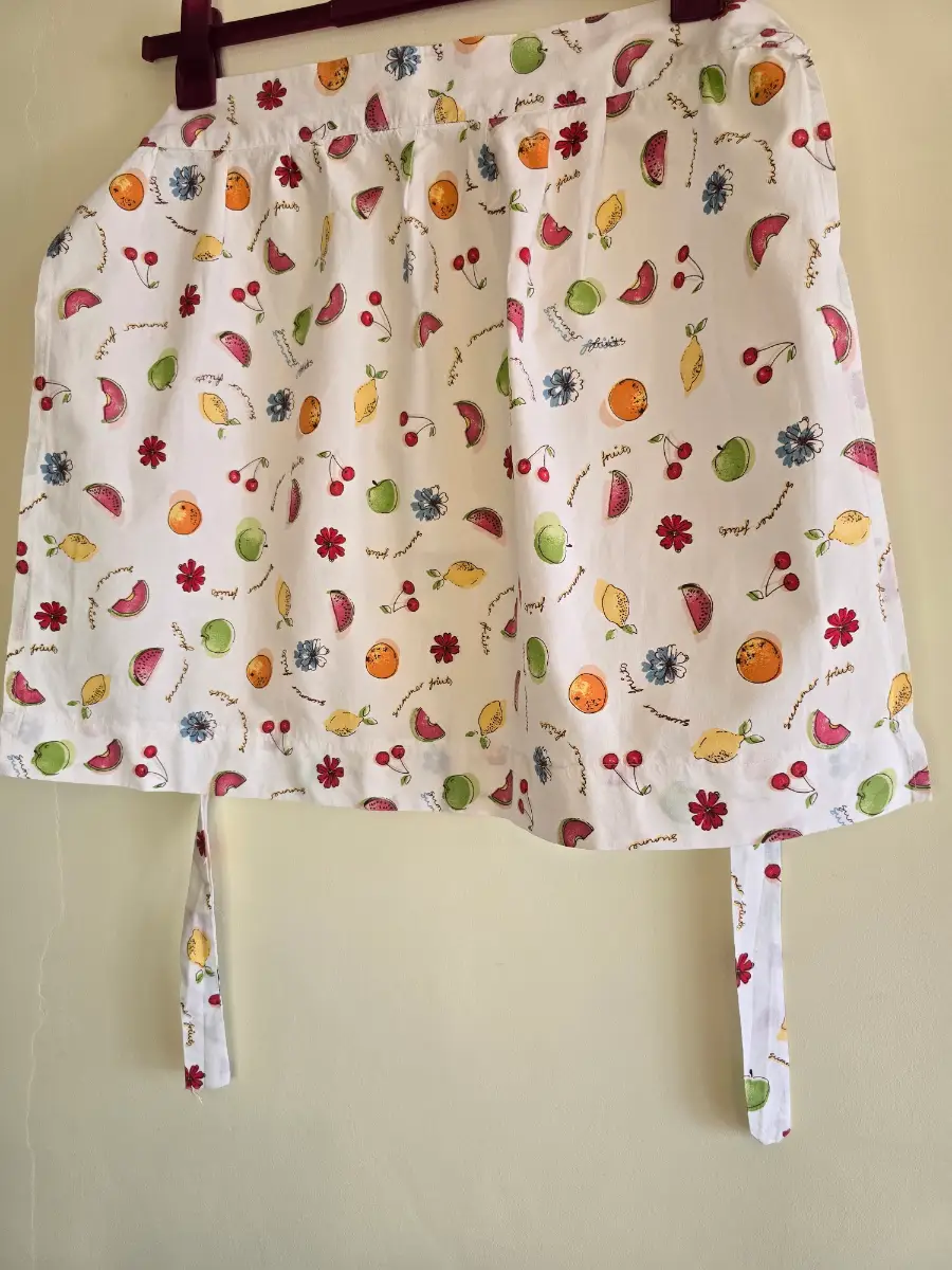 Summer Fruits Short Waist Apron White Cotton Lemon Watermelon Cherries Tie Front Cooking Pinny
