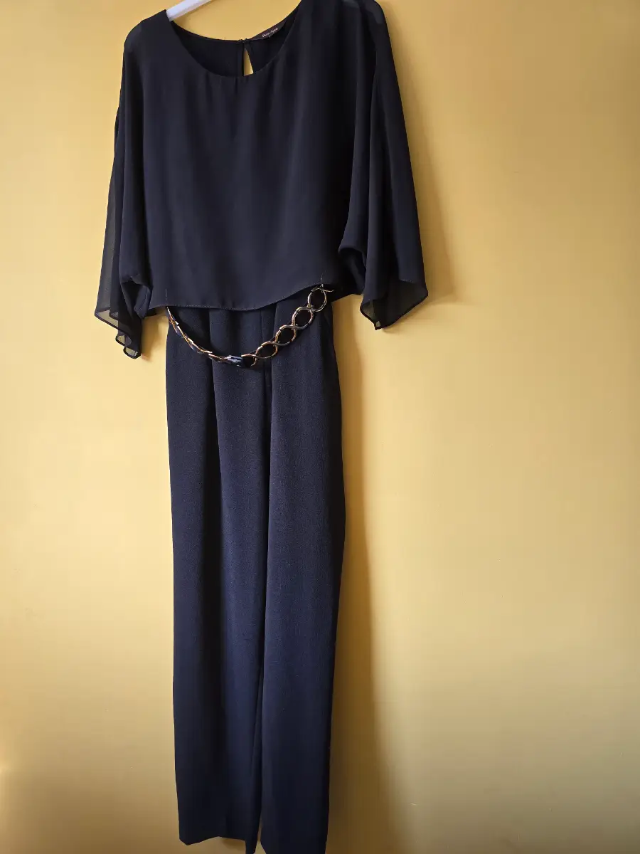 Phase Eight Black Jumpsuit Size 12 Crop Wide Leg Chiffon Overlay Mock Layer Gold Belt