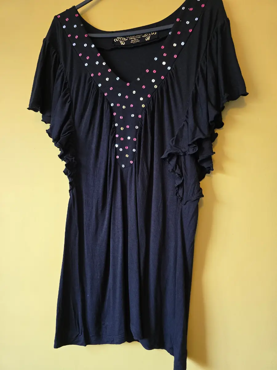 South Womens Black V Neck Top Ruffle Sleeve Sequin Detail Blouse Tunic Size 14