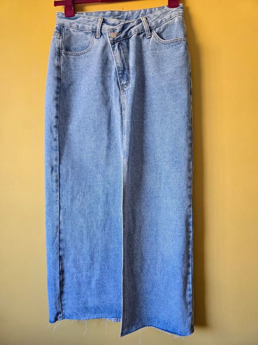 SHEIN Tall Blue Denim Maxi Skirt Size L Asymmetric Cross Waist High Split Raw Hem