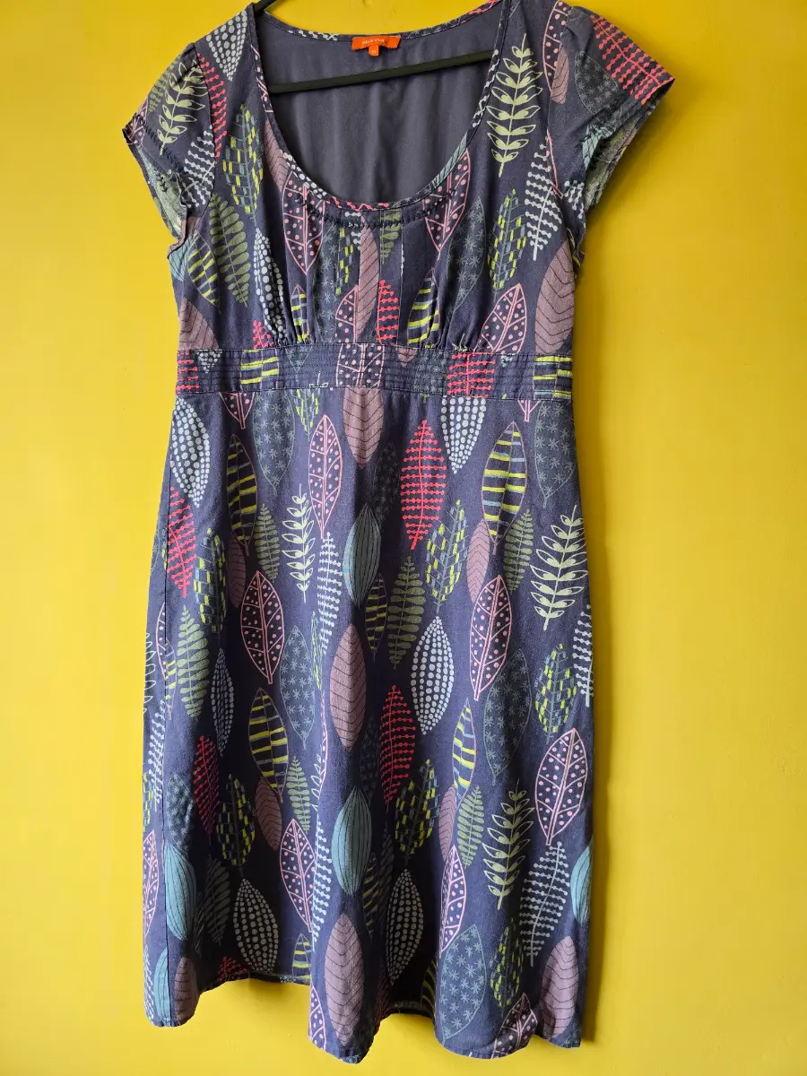 White Stuff Purple Leaf Print Linen Blend Cap Sleeve Summer Dress Size 10