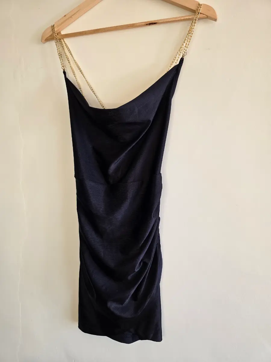 SHEIN Black Gold Chain Strap Cowl Neck Mini Dress Backless Ruched Bodycon Size XS UK 6