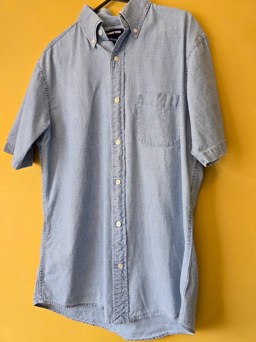 Lands End Men Size S Blue Denim Look Short Sleeve Shirt Traditional Fit Button Down 100 Cotton