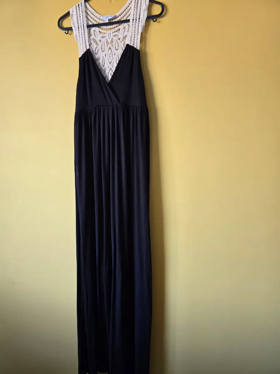 New Look Black Maxi Dress Size 10 White Crochet Lace Back V-Neck Empire Waist Long