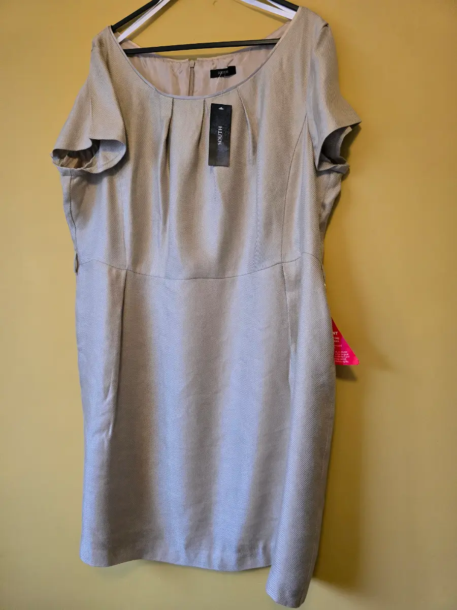 South UK 20 BNWT Beige Gold Shimmer Linen Blend Knee Length Shift Dress Smart
