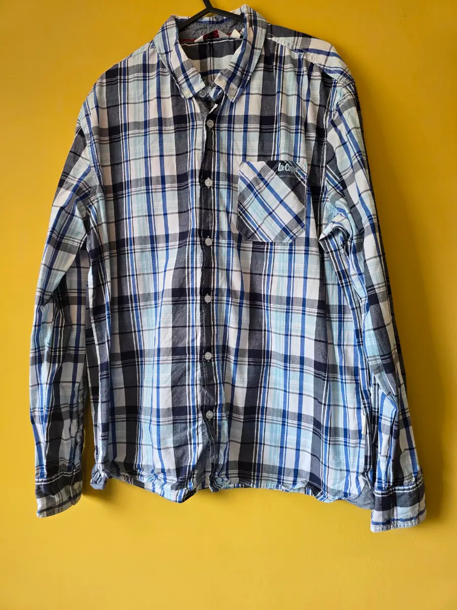 Lee Cooper Men Blue White Check Shirt Size L Long Sleeve Roll Up Casual Plaid 100% cotton