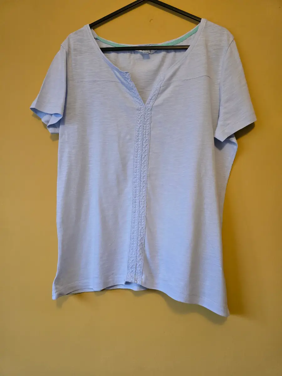 White Stuff Women Blue Lace Trim Notch Neck Cotton Top T Shirt Size UK 10 EU 38