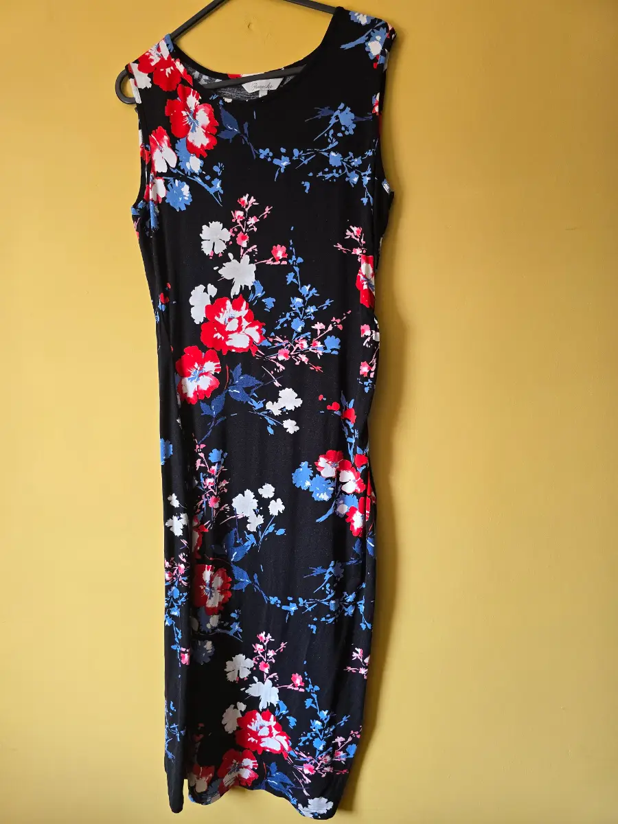 Peacocks Black Floral Wiggle Dress Size 12 Red Blue Stretch Jersey Midi Bodycon