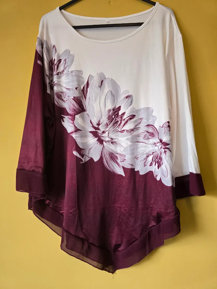 Womens Hanky Hem Floral Top 4XL Plus Burgundy White Chiffon Trim Blouse Tunics