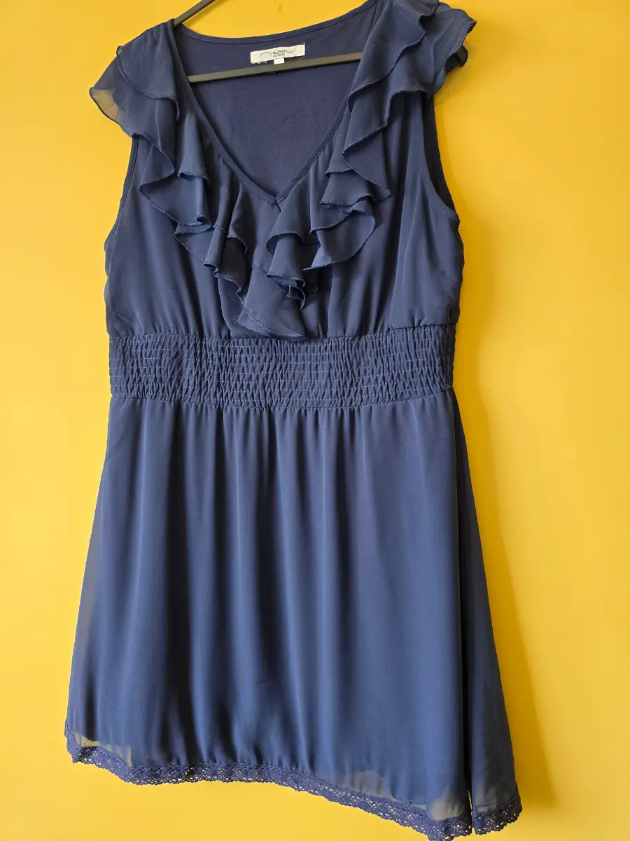 New Look Dress Size 12 UK Blue Sheer Chiffon Ruffle Smocked Elastic Waist Sleeveless Mini Skater