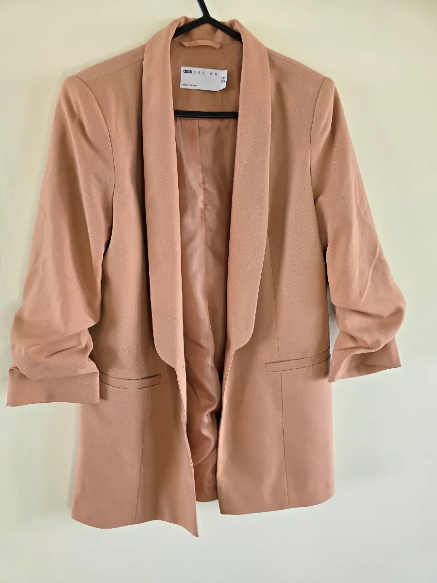 ASOS DESIGN Womens UK 8 Dark Peach Orange Ruched 3 4 Sleeve Blazer Jacket Faux Pockets Smart Work