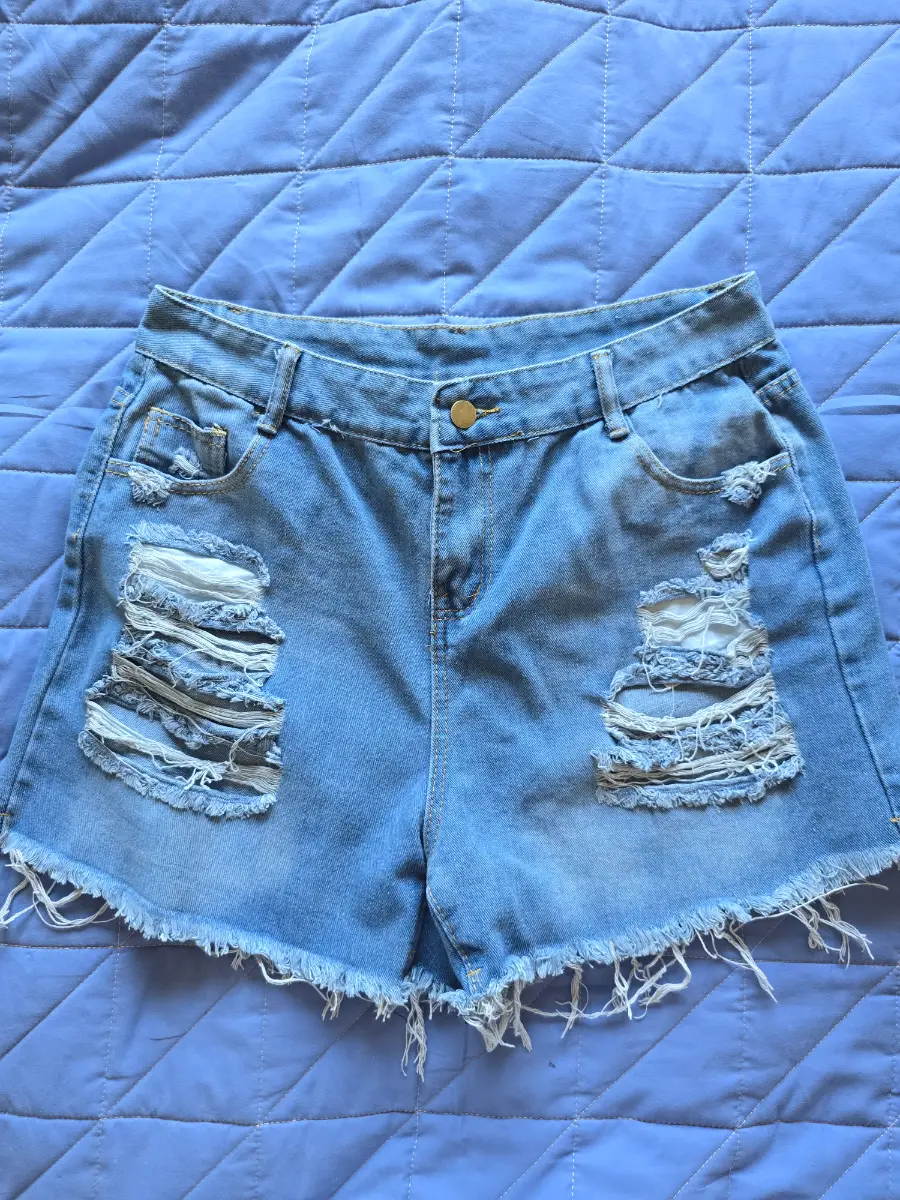 Distressed Denim Shorts Womens UK 14 Blue Ripped Frayed High Waisted Festival Summer