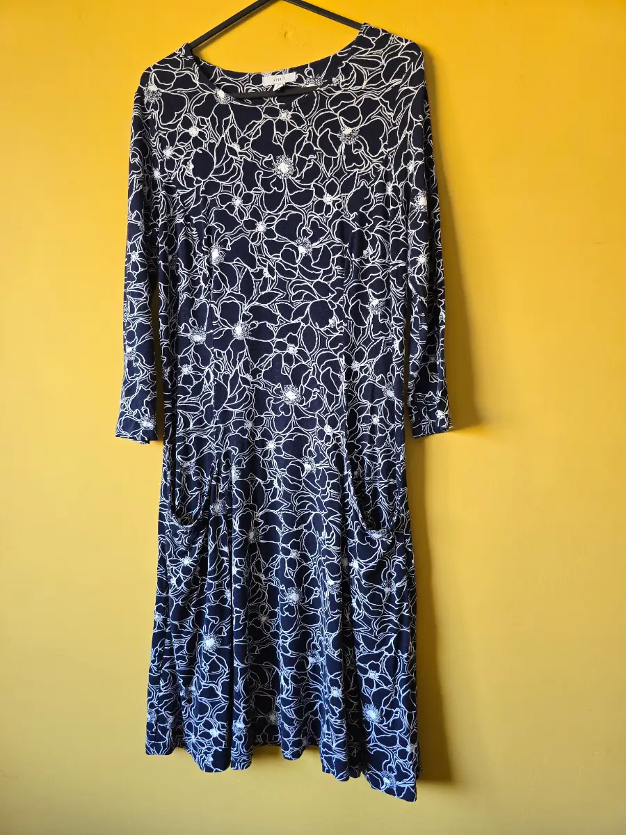 M&Co Spirit Navy Blue Floral Jersey Dress UK 10 Midi Stretch 3/4 Sleeve Pockets Smart Casual Day