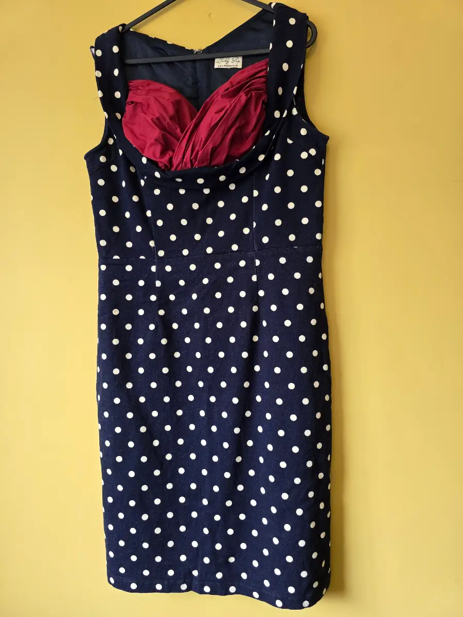 Lindy Bop 50s Rockabilly Dress Navy Polka Dot Red Bust Wiggle Pencil Dress Size 10