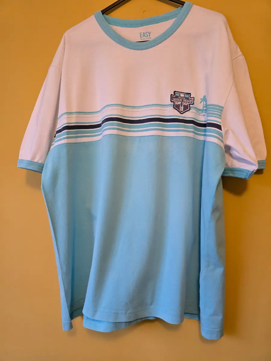 Matalan Mens L Venice Beach Surf Shop Graphic T-Shirt Blue White Ringer Tee