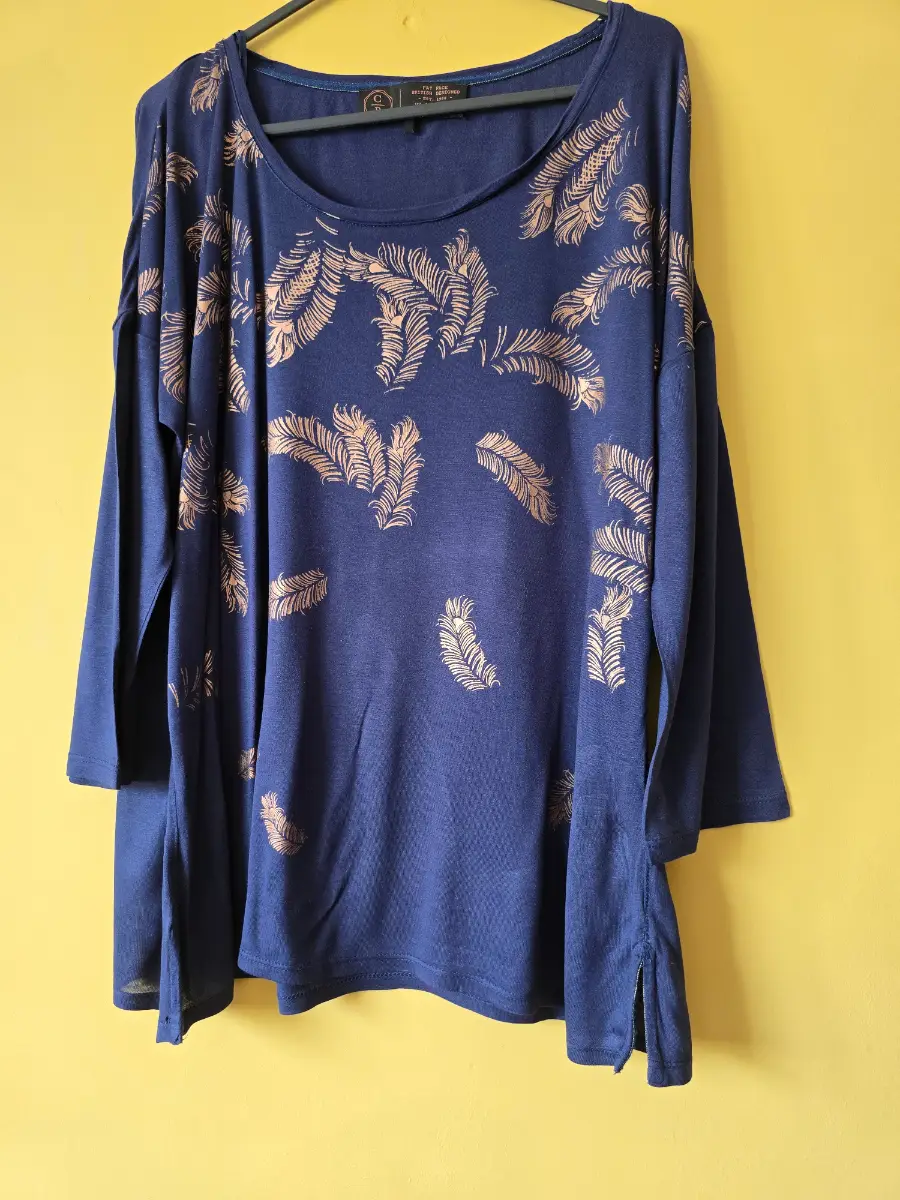 Fat Face Copper & Black Navy Blue Gold Metallic Feather Print Tunic Top Blouse UK 12