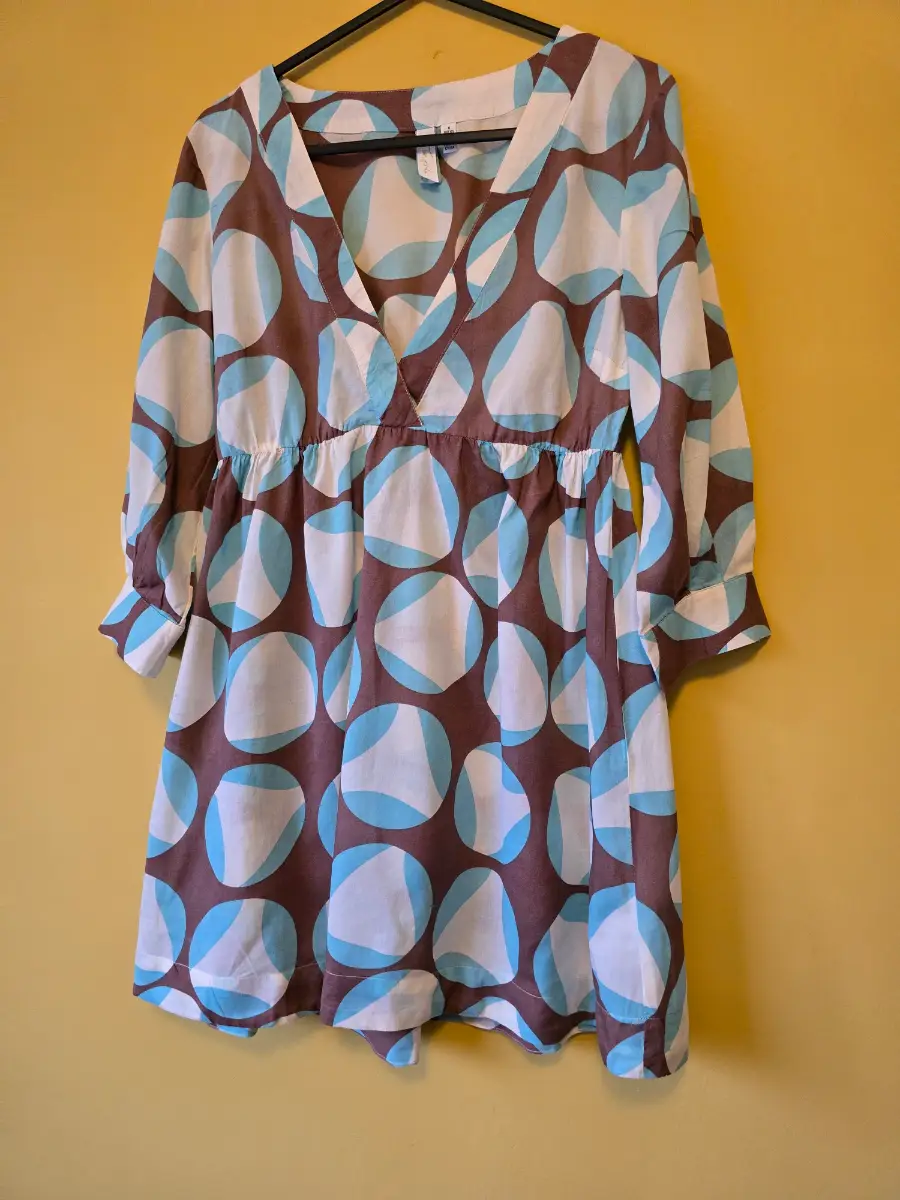 Joules Size 8 Cover Up Tunic Dress Brown Teal Blue Circle Print Mini Dress