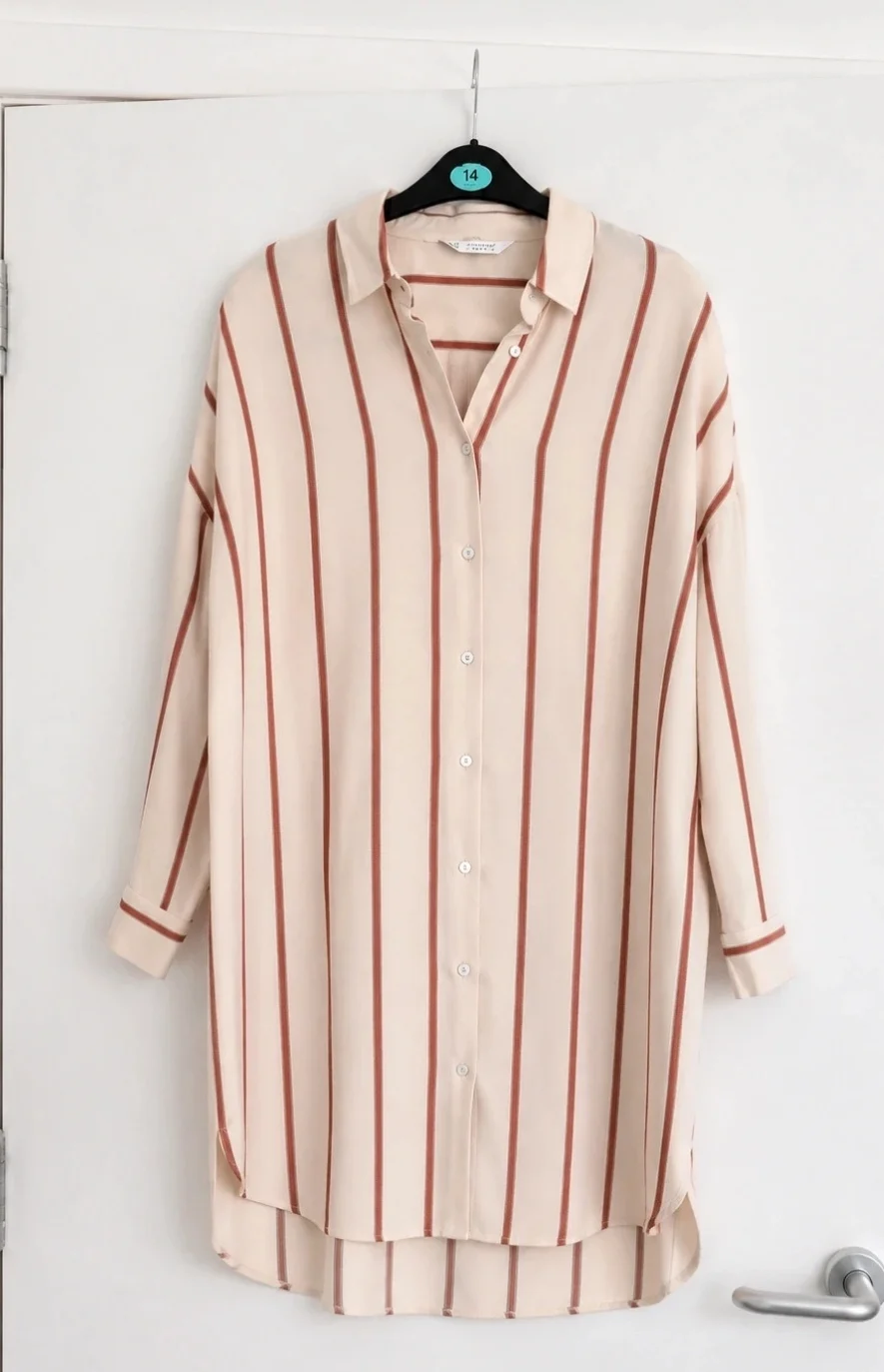 Zara Striped Shirt Dress Cream Rust Long Sleeve Midi Size M