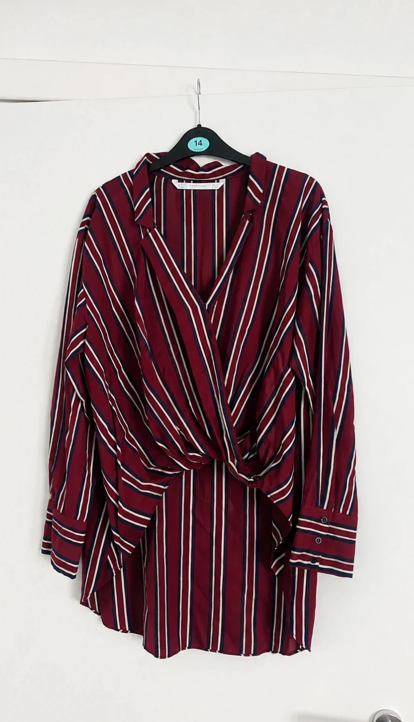 Zara Trafaluc Striped Wrap Front Blouse Shirt Burgundy Navy Cream Size L