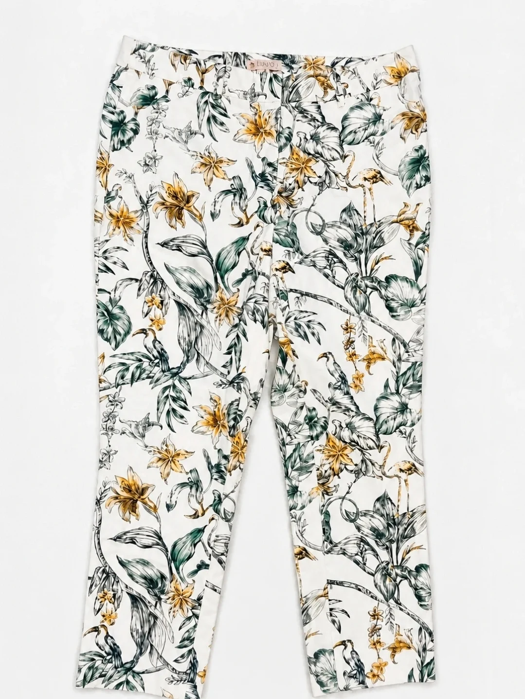 Eliane Rose Floral Trousers UK 10 White Green Mustard Botanical Cropped