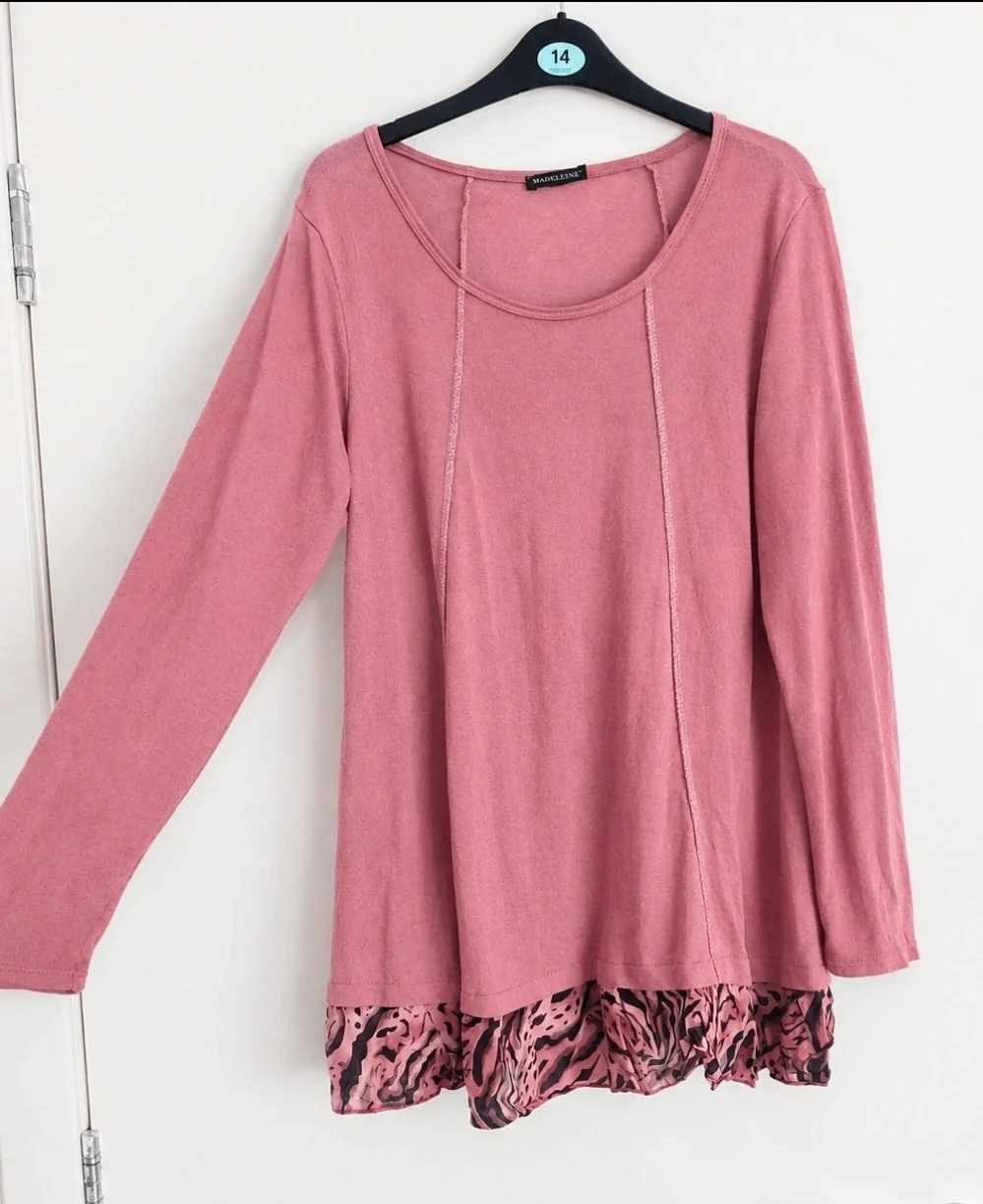 Made in Italy Dusty Pink Tunic Top Frill Animal Print Hem UK 14