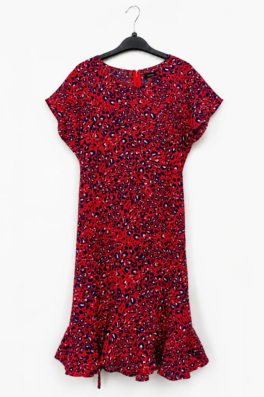 Sosandar Red Leopard Print Midi Dress UK 14 Tie Waist Frill Hem