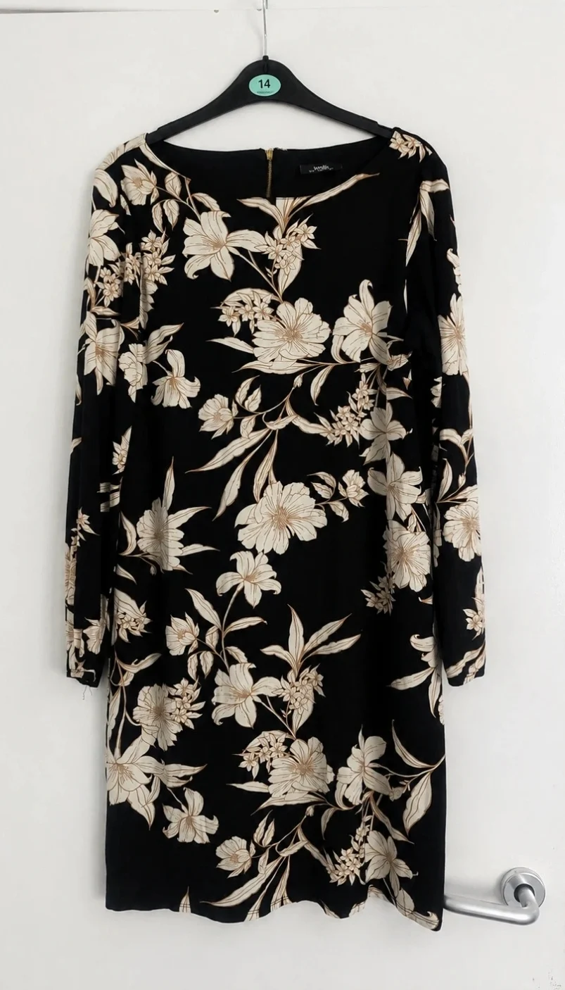 Wallis Black Floral Shift Dress Long Sleeve UK 14 Zip Back
