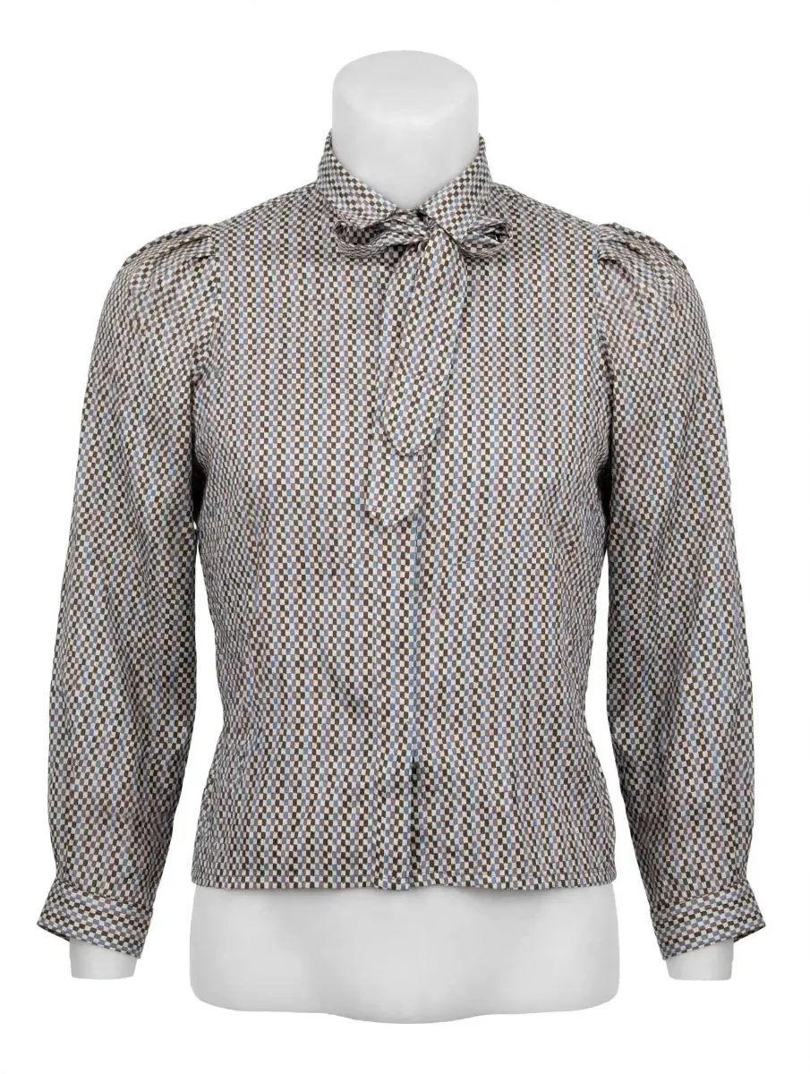 Vintage Deréta Made In England UK 14 Blue Brown Geometric Check Pussy Bow Blouse