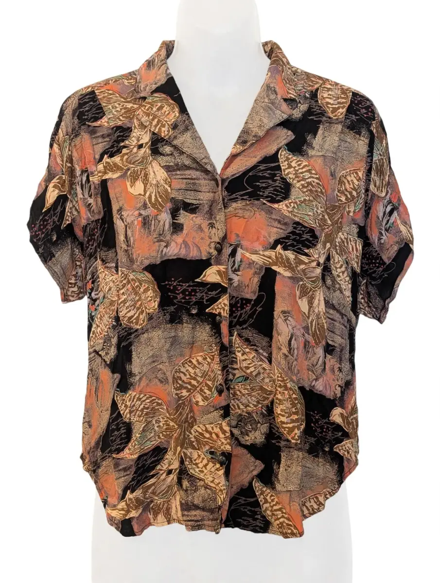 Donella Vintage 70s Shirt UK 14 - Brown & Gold Abstract Print - Made in England