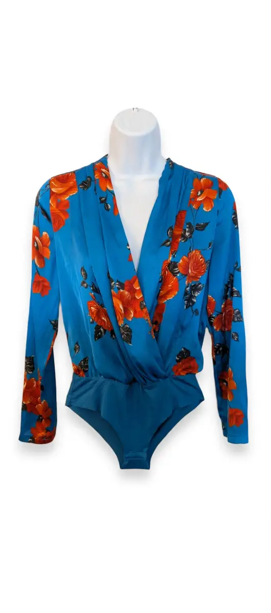 Zara Accessories Bodysuit Size M - Blue Floral Wrap Top - Long Sleeve S