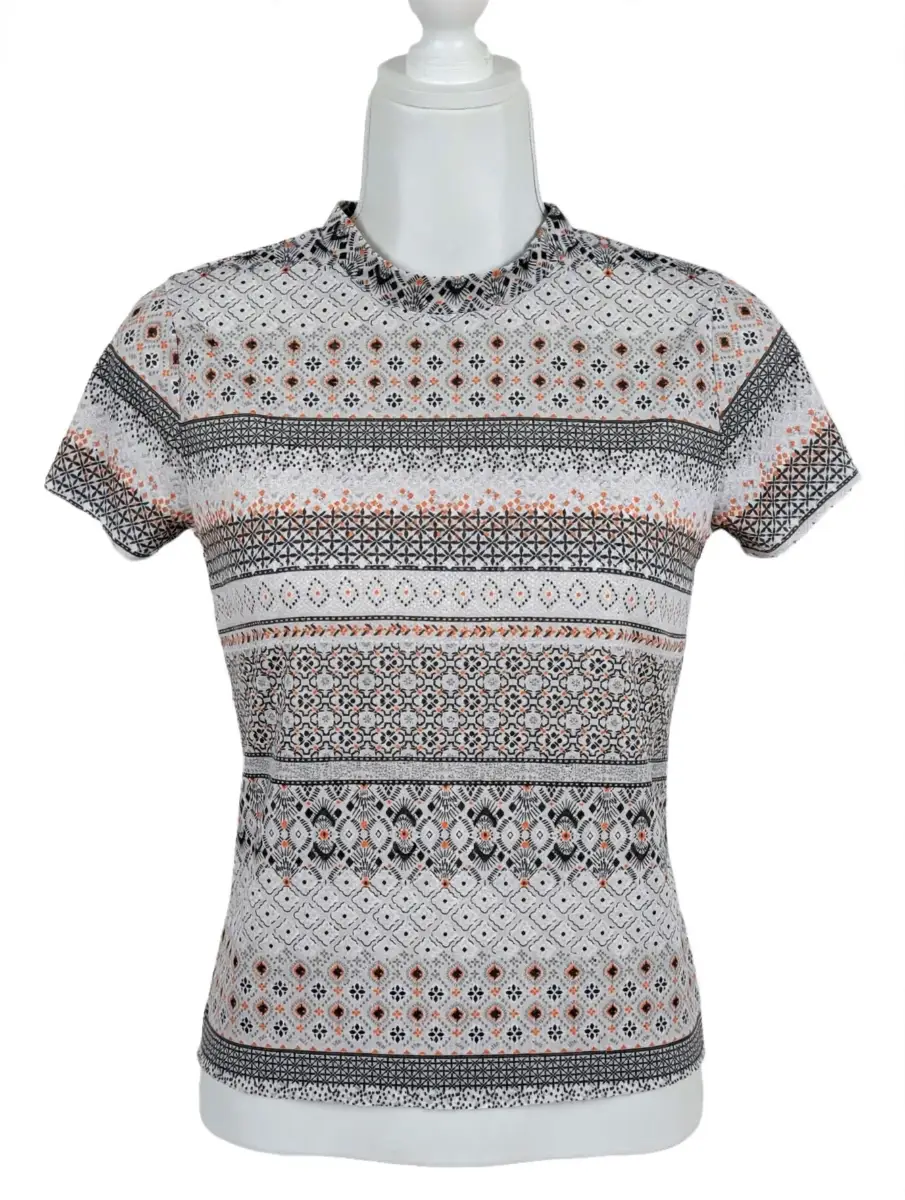 Womens Tribal Pattern T-Shirt - Size M - Black White Aztec Style Summer Top - J & Y - 8/10