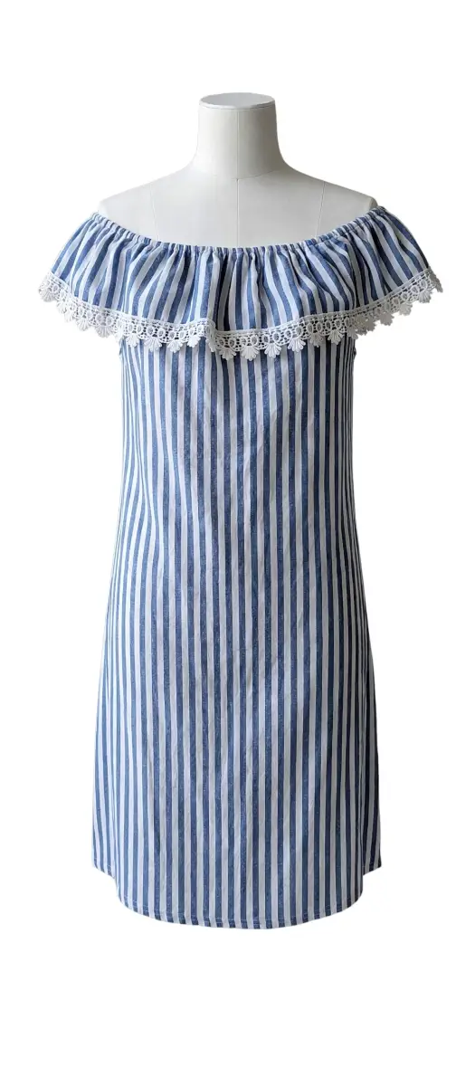 Mariposa Morada Blue White Stripe Off Shoulder Bardot Dress - Size S - 8/10 - Crochet Lace Trim