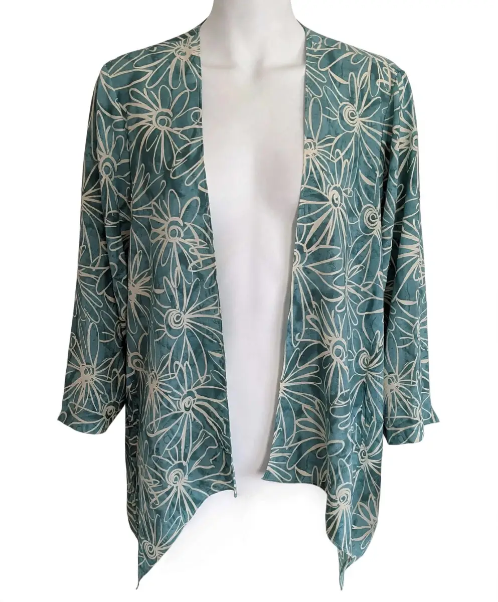Special Date -Teal Blue Linear Floral Print Lightweight Kimono Cardigan Jacket size -12-14