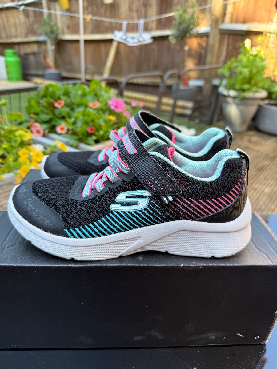 Skechers Kids Trainers Black Pink Blue Memory Foam Hook & Loop UK 1 EU 33.5