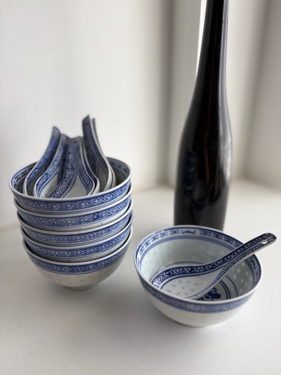 Chinese Vintage White & Blue Hand Painted Soup Bowl & Spoon Set | Set Of 6 | VGC